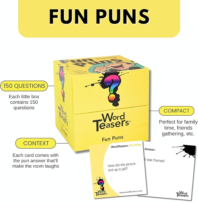? WORD TEASERS Fun Puns - Fun & Funny Joke Cards for Kids & Adults - A Pun Card Game Full of Cheesy Jokes - Word Riddle Pun Game - 150 Joke Cards for Adults & Kids