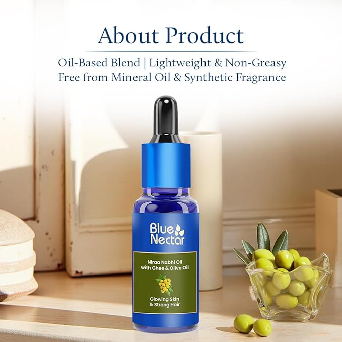 Blue Nectar Ayurveda Navel Oil with Ghee & Olive for Belly Oiling | Natural Belly Button (Nabhi) Oil for Radiant Skin & Deep Hydration (22 Herbs, 0.33Fl Oz)