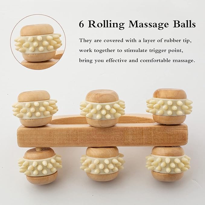Handheld Massage Roller for Sore Muscle, Wood Therapy Massage Tools for Body, Wooden Fascia Roller for Deep Tissue, Lymphatic Drainage Massager for Legs/Thighs/Butt