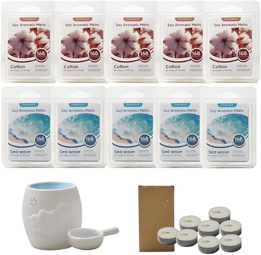 10-Pack Aromatherapy Wax Melts, Two Scent Combo | Wax Warmer & 8 Tealights Included | 90g (3.17 oz) per Pack | Eco-Friendly Soy Wax, 8 Scents (Cotton & Ocean Breeze) (Cotton & Ocean Breeze)