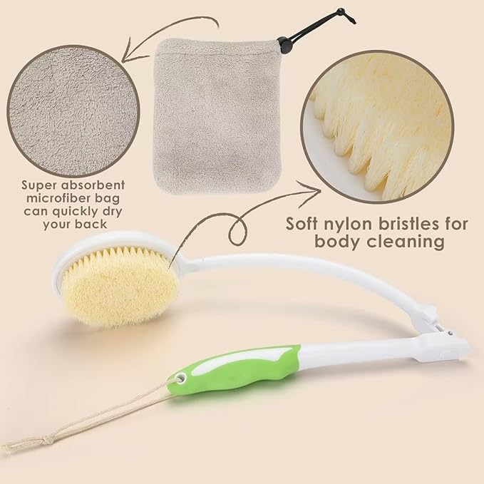 Back Scrubber Bath Brush for Shower Curved Long Handle, Foldable Handled Shower Body Brush Whith Absorbent Microfiber Bag Can Quickly Dry Your Back