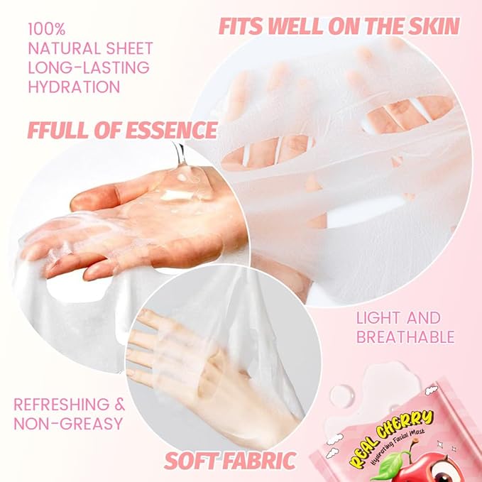 Kaely 10 Pack Cherry Face Masks for Kids, Kids Face Mask Spa Day Kit Supplies, Spa Party Favors for Teens Girls Women, Sheet Facial Mask Skincare Gifts Set, Moisturize Soothe for All Skin Types, 06