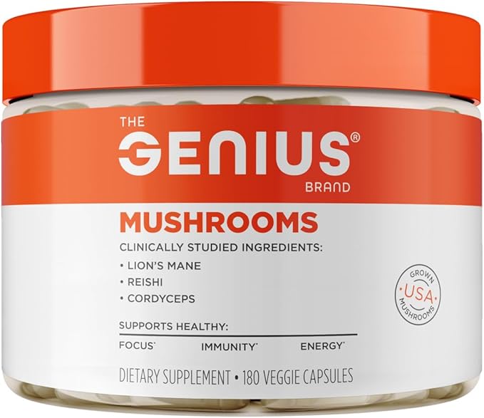 Genius Mushroom Supplement - Full-Spectrum Lion’s Mane, Cordyceps, Reishi -Daily Brain Nootropic for Energy, Focus, Memory & Overall Wellness - 180 Capsules – Organic for Mental Clarity & Performance