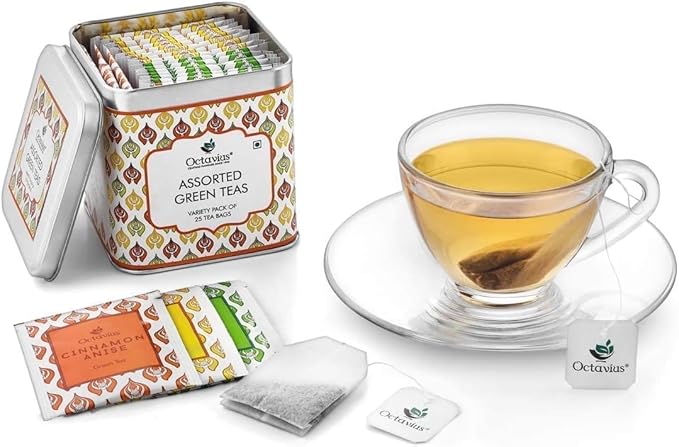 Octavius Tea Variety Pack | 3 Assorted Green Teas | 25 Teabags Per Pack | Sampler Tea Pack | Pack of 2 | 50 Teabags Total | Premium Indian Green Tea Collection