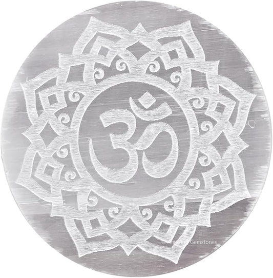 Amazing Gemstone Selenite Crystal Charging Plate For Crystals And Healing Stones, 3" Selenite Crystal Plate Engraved Flower of Life with OM Coaster For Home, Office Table Decor (Selenite Round Disc)