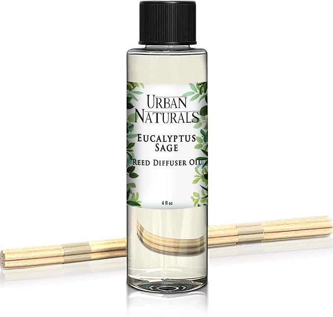 Urban Naturals Eucalyptus & Sage Oil Reed Diffuser Refill | Eucalyptus, Sage, Mint, Lime and Cedarwood| Includes a Free Set of Reed Sticks! 4 oz