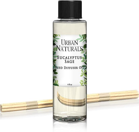 Urban Naturals Eucalyptus & Sage Oil Reed Diffuser Refill | Eucalyptus, Sage, Mint, Lime and Cedarwood| Includes a Free Set of Reed Sticks! 4 oz