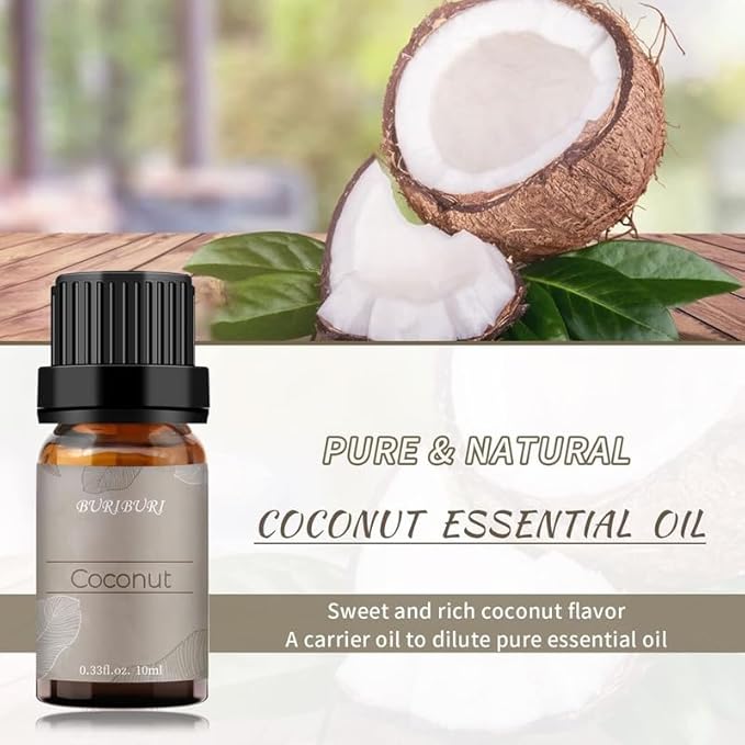 BURIBURI Vanilla Essential Oil and Coconut Oil Essential Oil, 2Pack Essential Oil Set, 100% Pure, Natural Essential Oils 10ml for Diffusers, Masage, Candle Making Soap Making