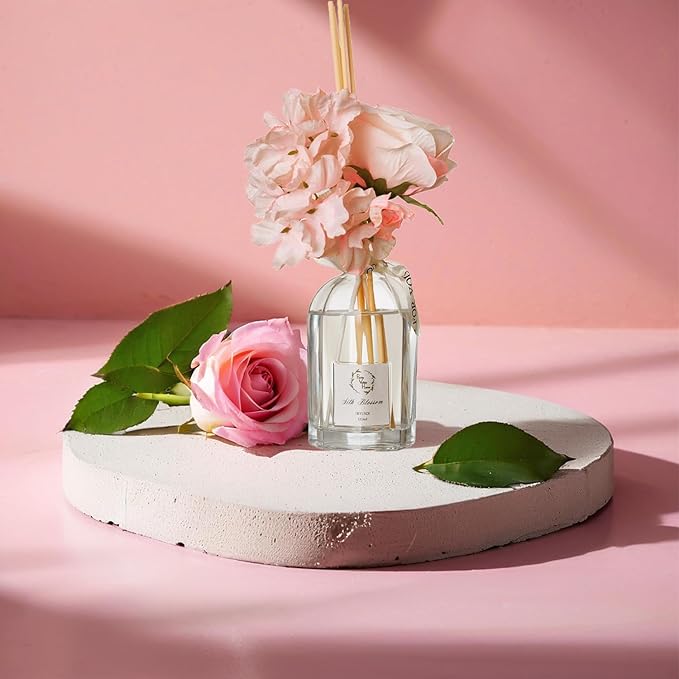 Reed Diffuser Set, Pretty Valley Home Dried Flowers Diffuser 120Ml / 4.05 fl OZ Gift Box - Includes Sticks, Long Lasting Fragrance Oil and Glass Bottle for Office Living Room Decor (Silk Blossom)