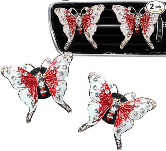 2pcs Red Butterfly Car Air Freshener Vent Clips Bling Car Accessories for Women Refillable Scents Diffusers