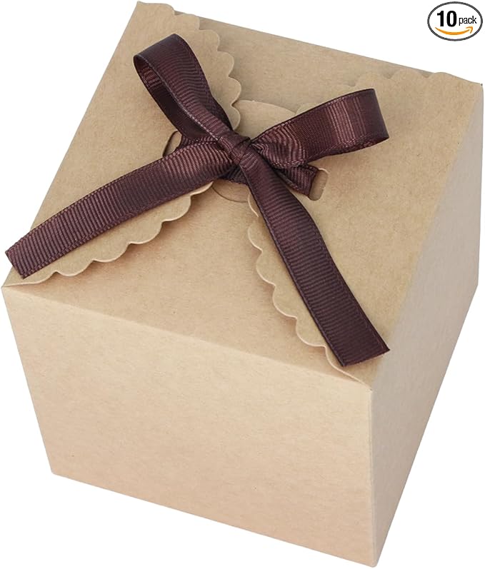 Brown Gift Boxes with Ribbon – 4x4x4" Foldable Paper Boxes with Lids, Set of 10, Eco-Friendly Small Kraft Present Boxes for Weddings, Holidays, Birthdays, Business Packaging