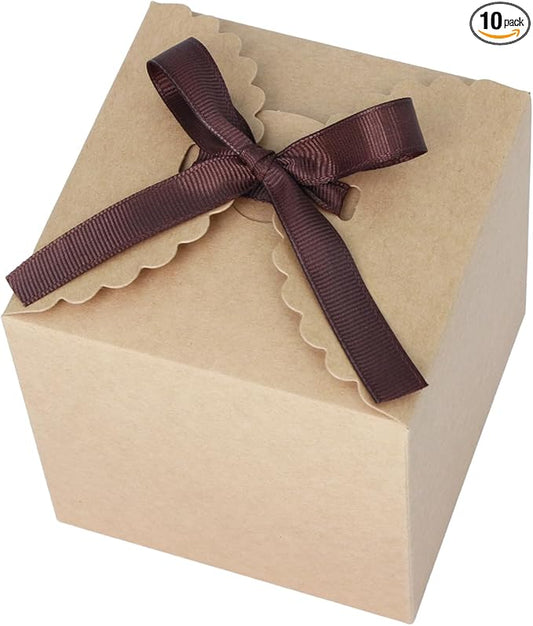 Brown Gift Boxes with Ribbon – 4x4x4" Foldable Paper Boxes with Lids, Set of 10, Eco-Friendly Small Kraft Present Boxes for Weddings, Holidays, Birthdays, Business Packaging