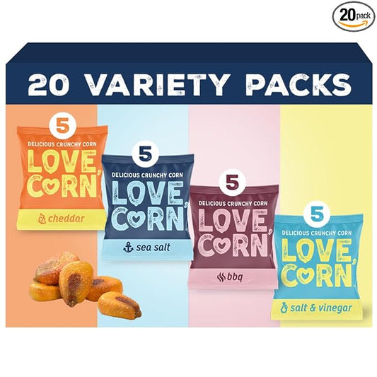 LOVE CORN Family Favorite - Sea Salt, BBQ, Salt & Vinegar, Cheddar 0.7oz x 20 - Delicious Crunchy Corn - Healthy Family Snacks - Gluten Free, NON-GMO - Alternative for Chips, Nuts, Crackers & Pretzels