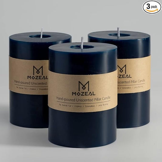 MOZEAL 3" x 4" Hand-Poured Unscented Candle,Dripless Pillar Candle Set of 3,Long Clean Burning,Approx 72 Hours Burn Time,Rustic Country Style,Wedding,Dinner,Christmas and Home Decor,Navy Blue
