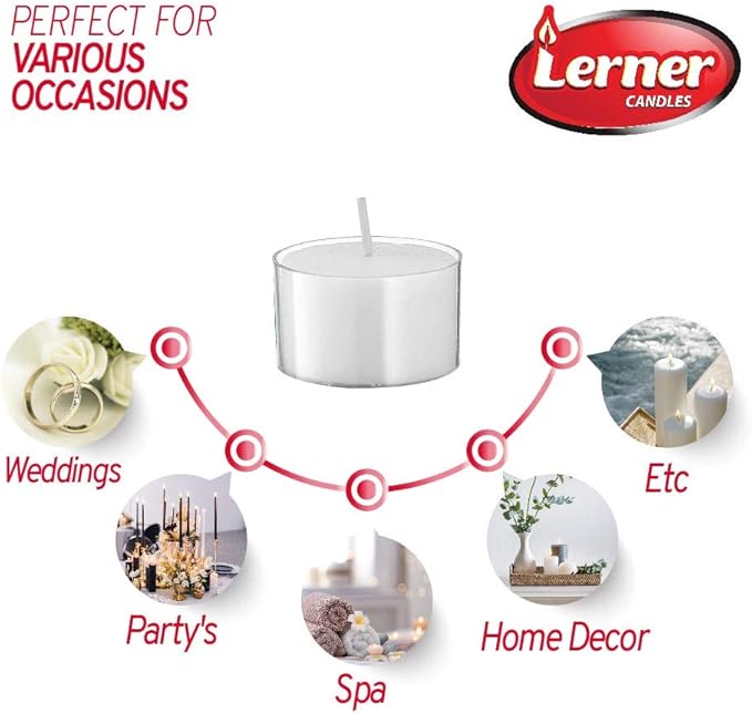 Lerner Clear Tea Lights Candles Bulk - Long Burning 8 Hour Clear Cup Tealight 50 Pack - Consistent Smkless Clean Burning - Holiday, Wedding, Spa, Emergency and Home Decoration Candles
