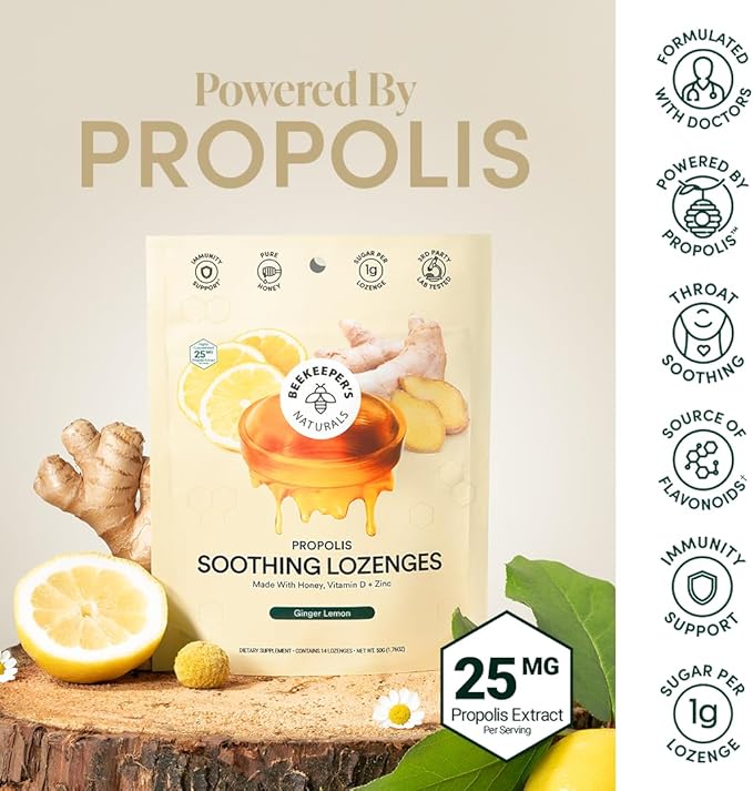 Beekeeper's Naturals Soothing Honey Ginger Lemon Cough Drops - Immune Support with Vitamin D, Zinc and Propolis Throat Soothing Lozenges, 14 Ct