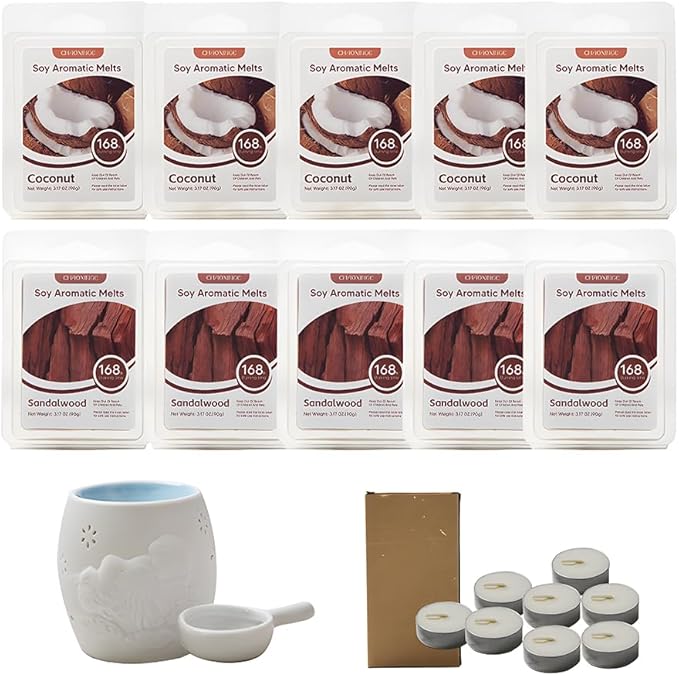 10-Pack Aromatherapy Wax Melts, Two Scent Combo | Wax Warmer & 8 Tealights Included | 90g (3.17 oz) per Pack | Eco-Friendly Soy Wax, 8 Scents (Cotton & Ocean Breeze) (Coconut & Sandalwood)