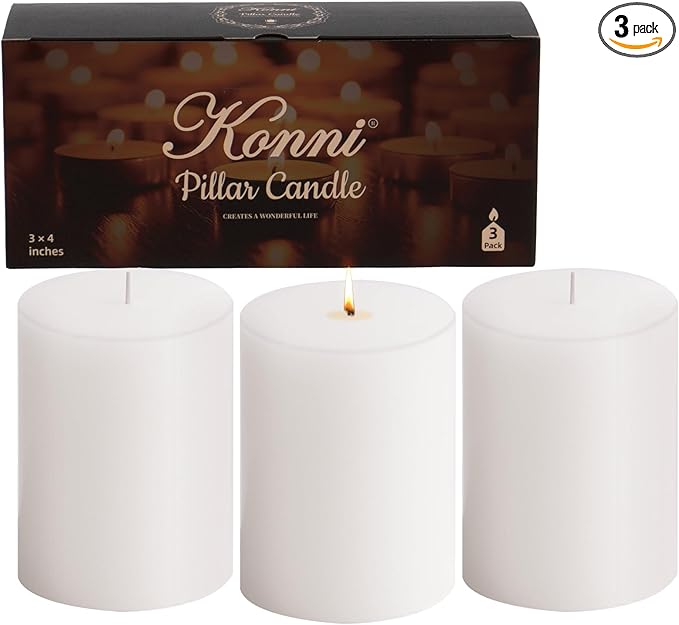 KONNI White Pillar Candles Set of 3, 3"x 4" Unscented Pillar Candles Bulk, 39 Hours Long Burning Candles, Smokeless&Dripless Large Round Candle for Wedding, Home Decoration, Parties, Spas, Dinner