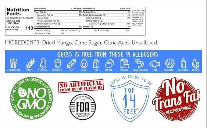 Gerbs Sweetened Dried Mango Slices 2 lbs. | Unsulfured, No Additives, Resealable Bag | Naturally Chewy & Sweet | Top 14 Allergen-Free