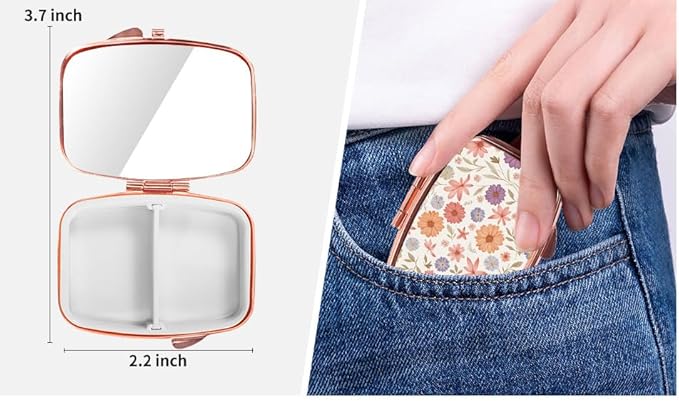 Dynippy Pill Case Pill Box with Mirror Retro Pocket 2 Compartment Medicine Case Vitamin Pill Organizer for Pocket Purse and Travel (Rose Gold-Wildflower Pattern)