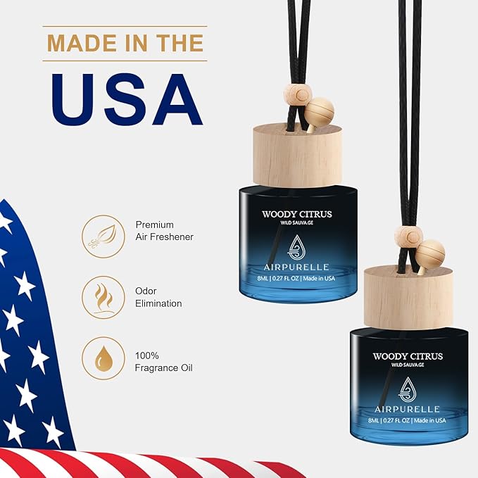 Car Air Freshener Hanging 2 Pack A ir Fresheners Diffuser - Woody Citrus Fragrance Oil Air Diffuser for Car, 45+ days Long Lasting Fragrance, Two 0.27 FL OZ/8ML Made in USA