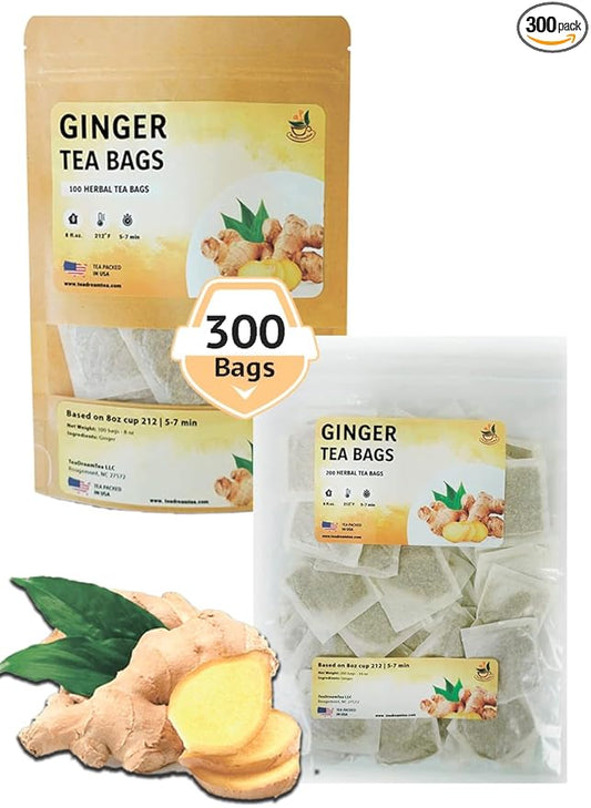 TeadreamTea Ginger Tea Bags - 300 Bleach-Free Tea Bags | Caffeine Free, Antioxidant, Calms Upset Stomach - Strengthen Immune System - Herbal Ginger Tea