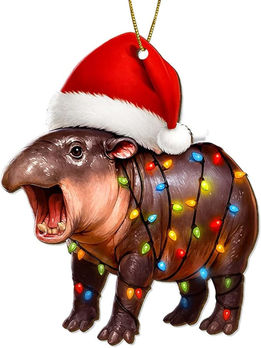 2 Side Printed Flat Christmas Wooden Ornaments, Animal Keepsake Hanging Tree Decoration, Moo Hippo Ornament