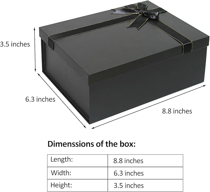 Eerbaier Gift Box with Lid for Present - 3 Pack Small Gift Boxes 8.6x6.3x3.5 Inches, Black Gift Box with Raffia Paper Fill and Greeting Card