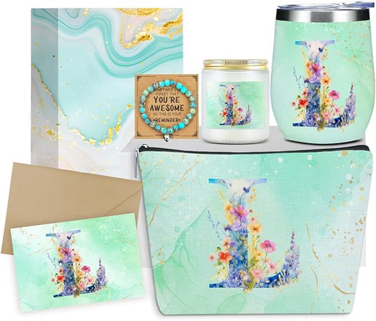 Personalized Gifts Monogrammed Birthday Gifts for Women, Mama New Mom Thanksgiving Wedding Christmas Initial Wine Tumbler Makeup Bag Scented Candle Bracelet Set, (Aesthetic Green Flower L)
