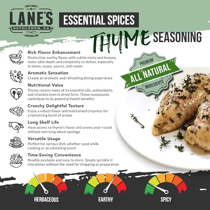 Lane's Fresh Thyme Seasoning, All-Natural Dried Thyme Spice Seasoning, A Dried Thyme Leaves Seasoning For Veggies & Soup, Made in USA, 2.75 Oz (77g)
