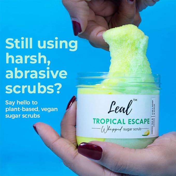 Leal Tropical Exfoliating Body Sugar Scrub, Green Tea Lemon Sugar Face Scrub, Face Polish, Tan Sugar Scrub, Whipped Foaming Vegan Scrub, Sulfate free, Whipped soap scrub dead skin-200 g