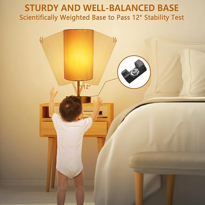 HiBay 17.75" Touch Bedside Table Lamp with USB Charging Ports & AC Outlet, Rustic Black Nightstand Light for Bedroom, Living Room, Kids Room, 3-Way Dimmable, Round Fabric Shade, E26 LED Bulb Included