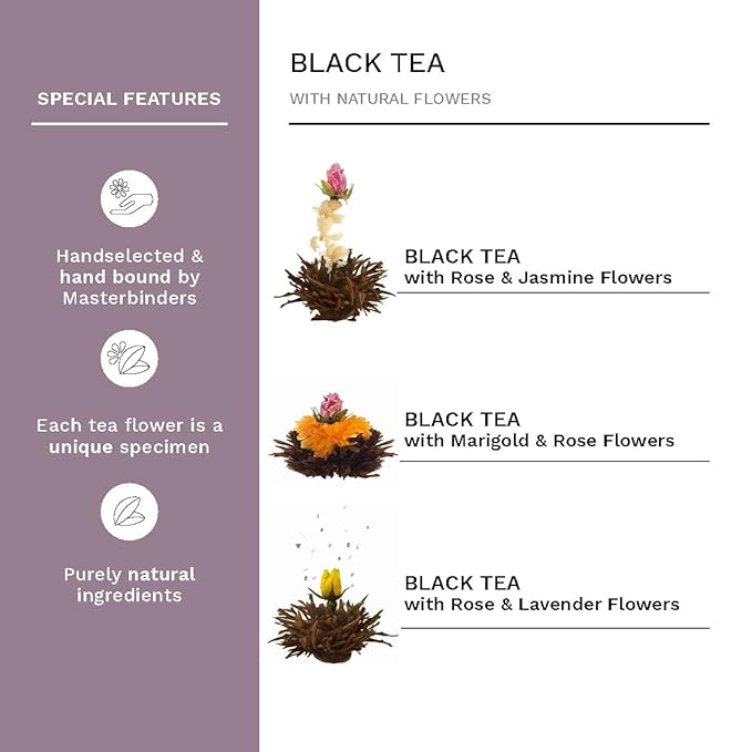 Creano Blooming Tea Mix - Flowering Tea in Elegant Gift Box Black Tea (3 Different Varieties Tea Roses)