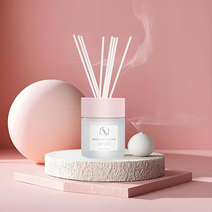 Reed Diffuser Set, Pretty Valley Home Diffuser 100Ml / 3.38fl OZ Gift Box - Includes Reed Diffuser Sticks, Fragrance Oil, and Glass Bottle for Bathroom Office Living Room Decor (White Peach & Oolong)