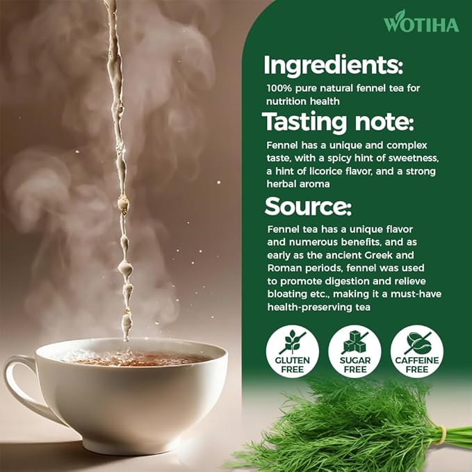 WOTIHA-Organic Natural Fennel Tea 180g. 90 Herbal Tea Bags-100% Natural Premium Herbal Tea, Sugar-Free, Caffeine-Free, Gluten-Free, Vegan