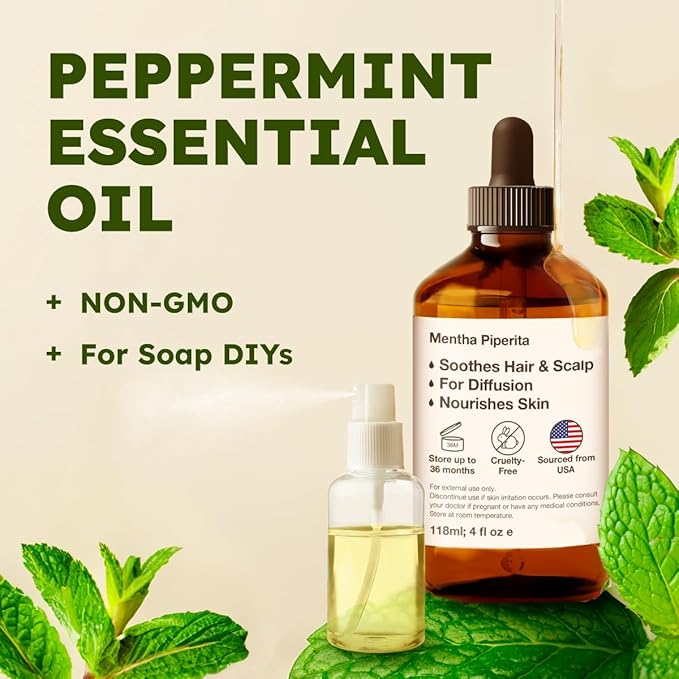 KUKKA Peppermint Essential Oils - 4 Fl Oz - for Hair, Skin, Diffuser, Aromatherapy & DIY Soap Making Scent
