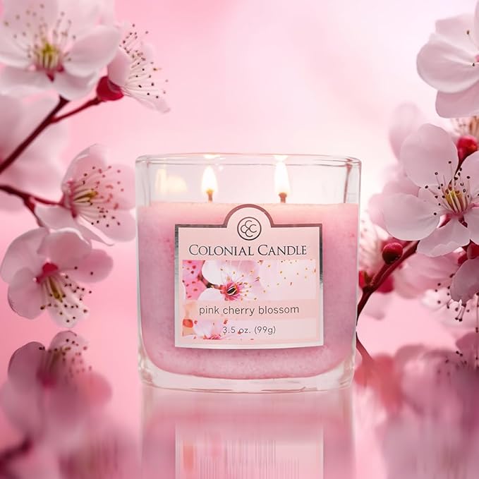 Colonial Candle Pink Cherry Blossom Scented Jar Candle, 2 Wick, 3.5 oz, Mottled Wax Candle