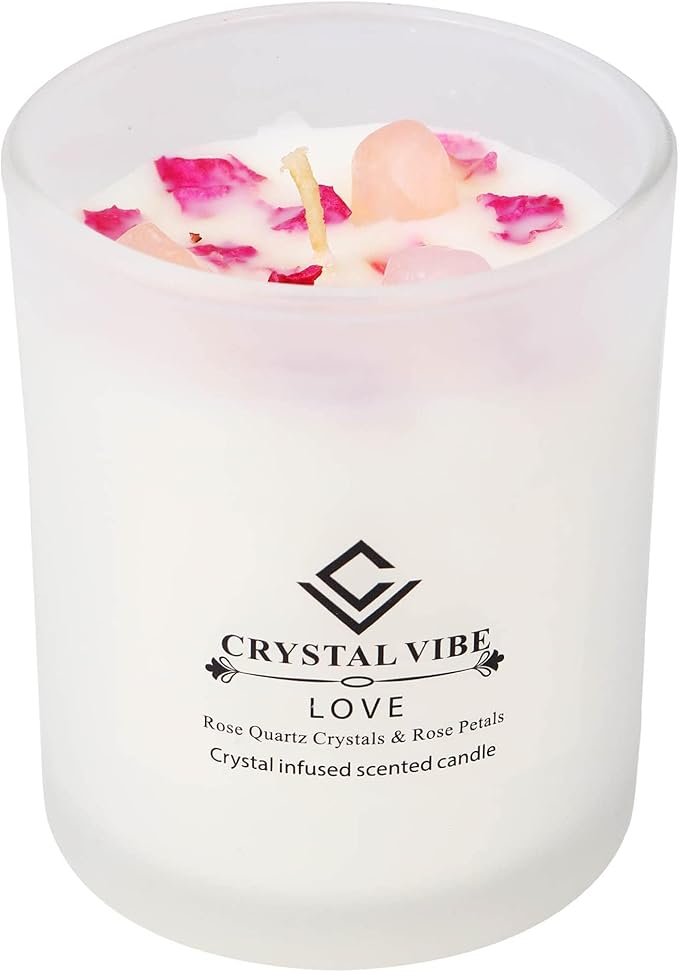 Crystal Vibe Rose Scented Candle for Love Romance Attraction - Love Candle with Rose Quartz Crystals - Aromatherapy Candles