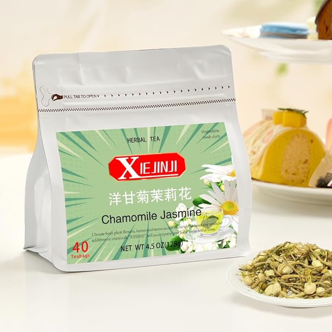 XIEJINJI Chamomile Jasmine Herbal Tea, 40 Tea Bags, Premium Soothing Floral Blend in Eco-Conscious Teabags - Non-GMO - Caffeine-free