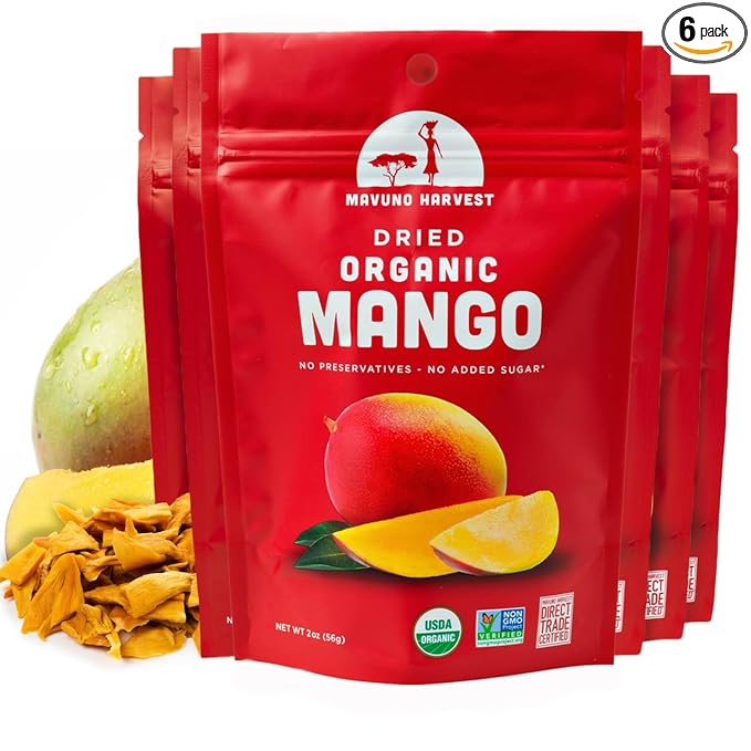 Mavuno Harvest Mango Dried Fruit Snacks | Unsweetened Organic Dried Mango Slices | Gluten Free Healthy Snacks for Kids and Adults | Vegan, Non GMO, Direct Trade | 2 Ounce, Pack of 6