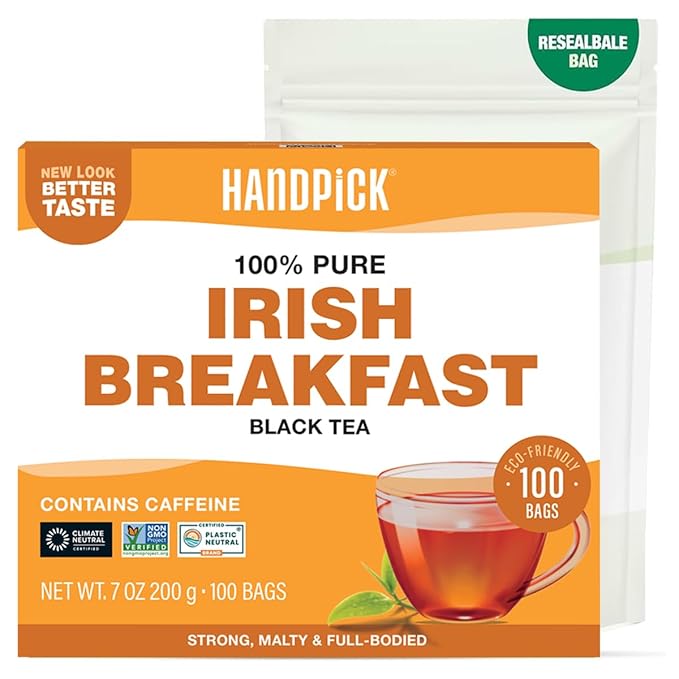 HANDPICK, Irish Breakfast Black Tea Bags (100 Count) Gluten-Free, Non-GMO | Strong, Robust & Bold Flavor | Round Eco-Conscious Tea Bags
