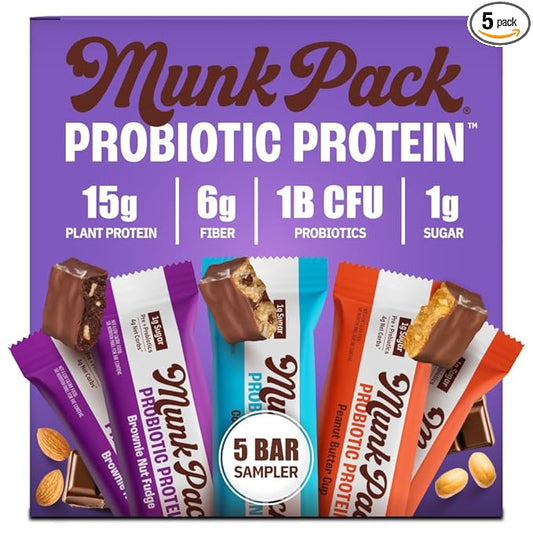 Munk Pack 15g Probiotic Keto Protein Bars - Low Sugar, High Protein -1g Sugar, 4g Net Carbs. Vegan + Plant Based Gut Health. Low Carb Healthy Snack Bar. Sampler Pack - 5 Count