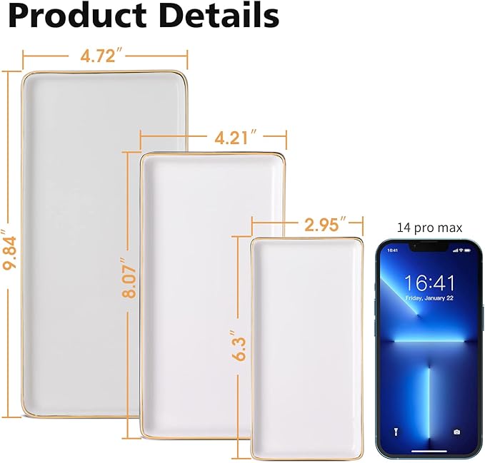 Gurygo 8" Bathroom Tray, Ceramic Vanity Trays for Bathroom, Small Ceramic Trays, Kitchen Soap Tray for Kitchen Counter (White with Gold-Edged, 8",Set/1)