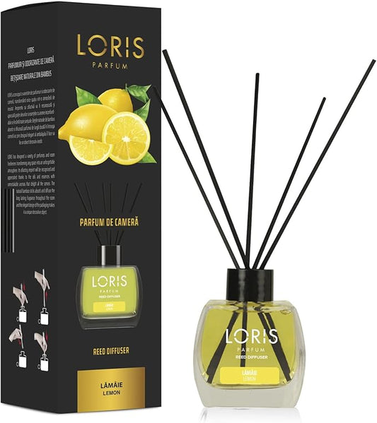Loris Reed Diffuser - Lemon - Aromatic Home Fragrance with Natural Essential Oils, 4.06 fl oz/120 mL – Long‑Lasting, Non‑Toxic, Gift Ready Scented Diffuser with Sticks for Room & Bathroom
