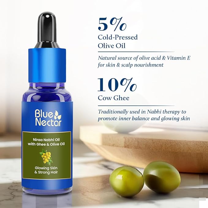 Blue Nectar Ayurveda Navel Oil with Ghee & Olive for Belly Oiling | Natural Belly Button (Nabhi) Oil for Radiant Skin & Deep Hydration (22 Herbs, 0.33Fl Oz)