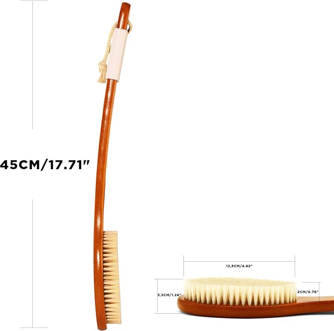 ICANdOIT-17.71Inch Natural Boar Bristles Anti-Slip Curved Long Handle Bath Brush,Bent Handle Shower Scrubber for Exfoliating,Shower Back Brush