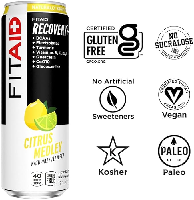 FITAID Recovery Blend, Number 1 Post-Workout Recovery Drink, BCAAs, Electrolytes, Full Vitamin B Complex, Paleo, Vegan & Gluten-Free, Lightly Carbonated, 12 Fl Oz (Pack of 4)