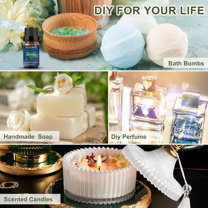 BURIBURI Jasmine Oil and Gardenia Essential Oils Gift Set, 100% Pure, Undiluted, Natural, Organic Aromatherapy Jasmine Essential Oils for Diffuser, Massage, 10MLx2