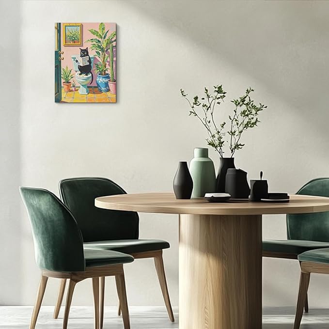 Funny Cat on Toilet Paintings Wall Art, Cat Lover Gifts, Botanical Wallpaper Canvas Framed Prints Modern Decorations, Pink Cute Poster for Living Room Bathroom Entryway Book Shelf Farmhouse