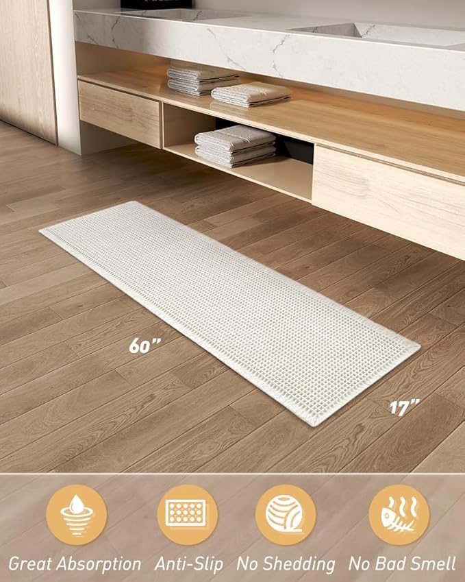 AMOAMI Waffle Runner Rug Super Absorbent Non Slip Bath Mats for Bathroom Floor, Machine Washable Boho Bathroom Runner Rug with Tassels, Ideal for Hallway Bedroom Laundry Room, 17" x 60"